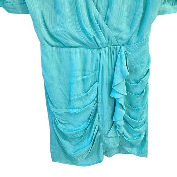 Adelyn Rae Teal Mini Dress Puff Sleeves V-Neck Draped Ruching Size S - Picture 5 of 6